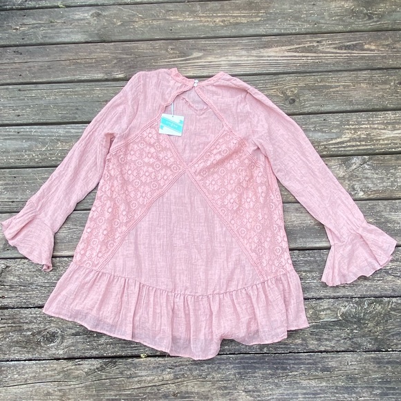Umgee mauve pink lace tunic blouse sz large NWT trumpet sleeve w/ open back - Picture 10 of 14